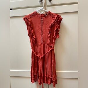 burnt orange dress ruffles, tie, zipper in back